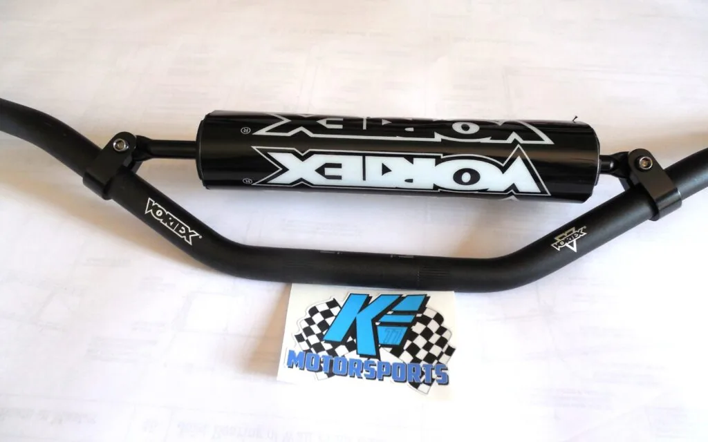 Black handlebar with branded pad and checkered flag motorsports sticker