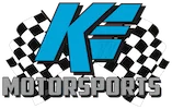 K.E. Motorsports logo with blue letters and checkered flag design