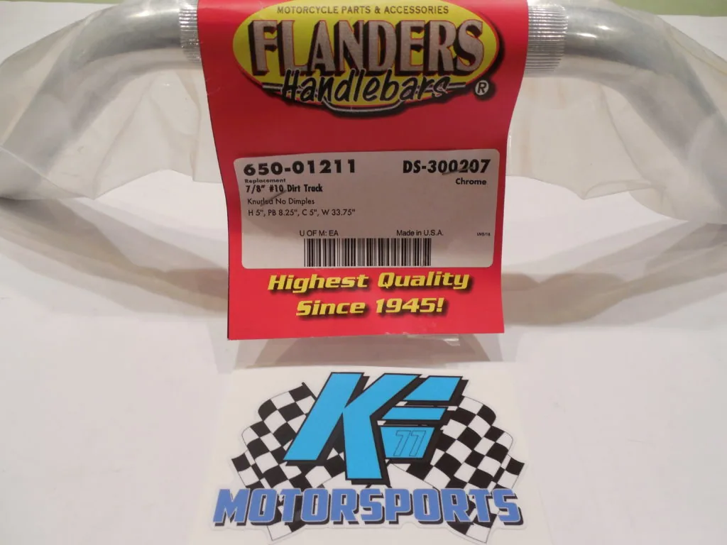 Chrome handlebar with Flanders Handlebars packaging showing 7/8 inch dirt track specifications