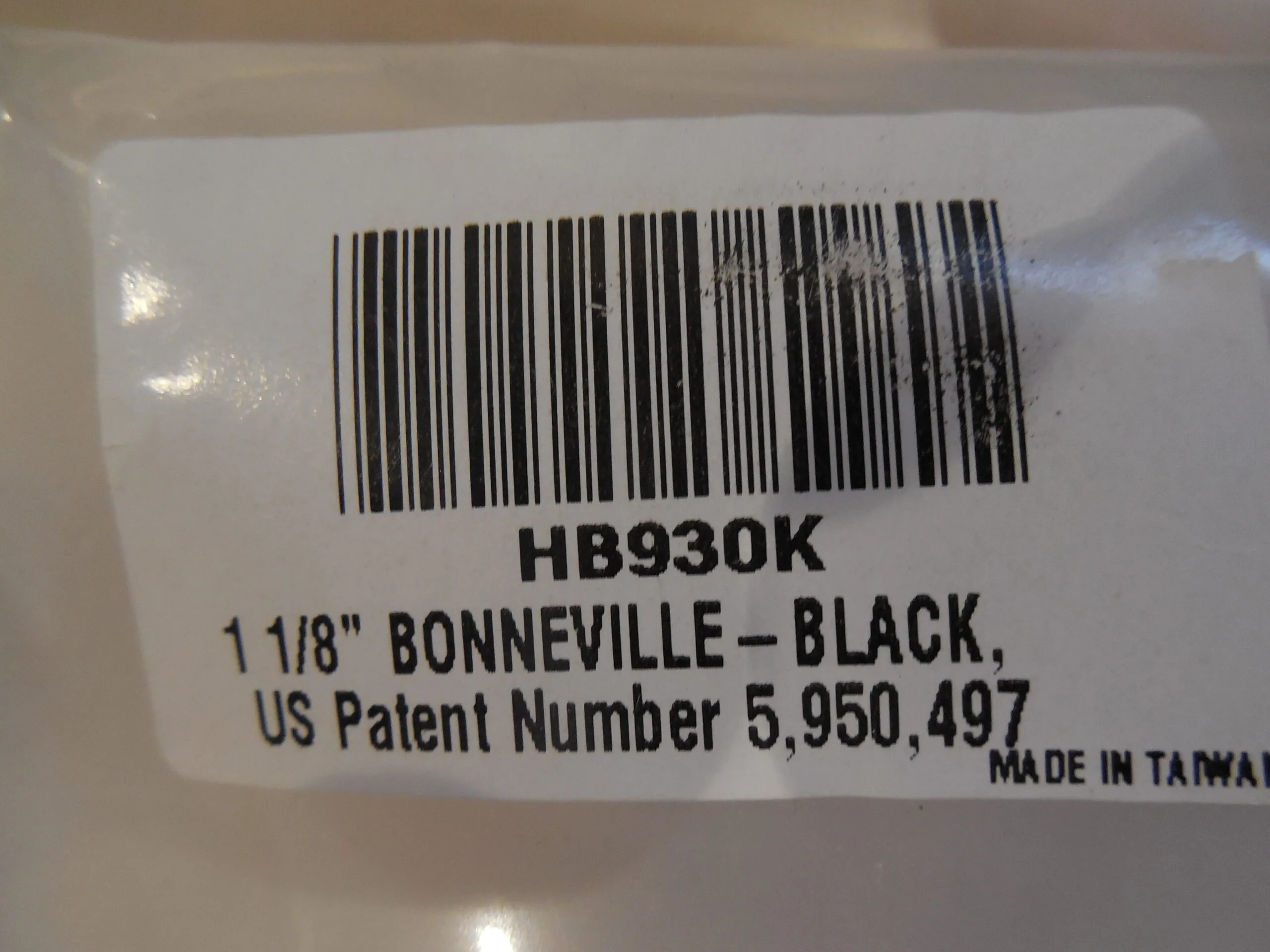 White label with barcode HB930K for 1 1/8 inch Bonneville handlebar in black, made in Taiwan