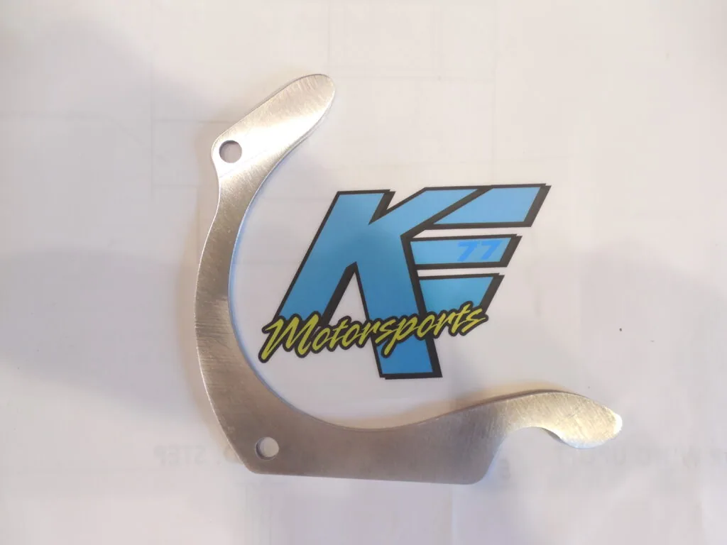 Polished metal bracket with blue and yellow motorsports logo featuring stylized K and F letters